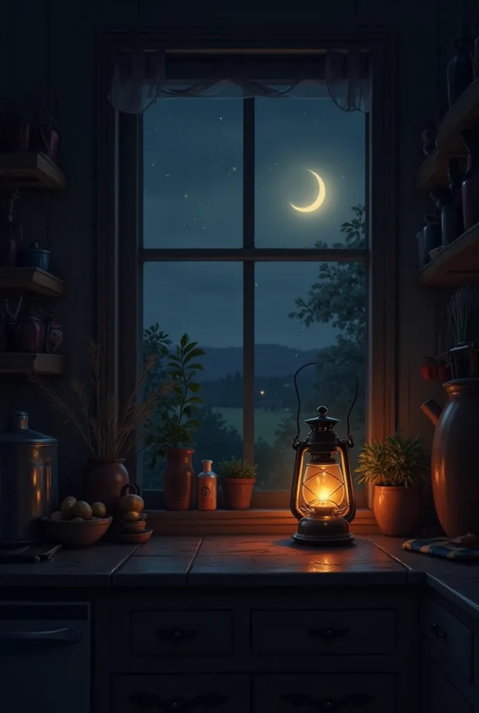 Add Light and Atmosphere
"A soft lantern is glowing in the kitchen, casting a warm golden light. Outside the window, the dark night sky is slowly turning light as the day approaches."