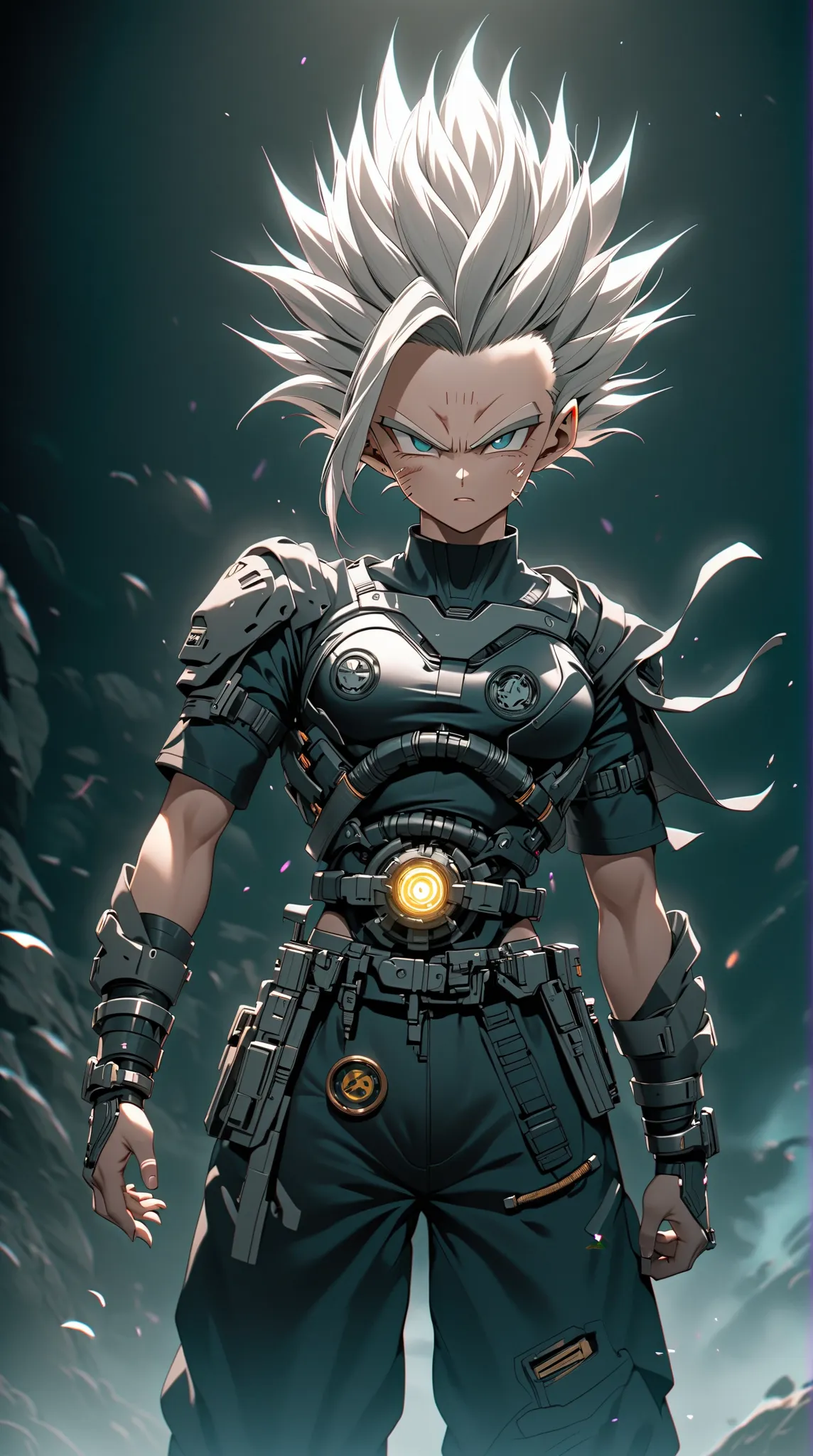 A super Saiyan cyborg , metal room,  outfit, cinematographic lighting, Dramatic, sandy, moody,  neon lights,  aura of brilliant energy,  intense expression, mechanical parts, cyberpunk style,  advanced technology ,  futuristic face , volumetric fog, dynami...