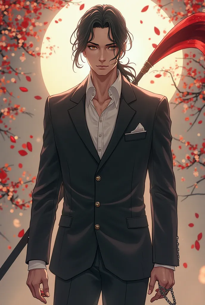 create an image of a tall man. he has jet black, slick backed hair and the deepest of brown eyes. her wears a basic butler suit and has loose chains on his wrists. he is a former world ruler but after certain events, he is now a mere servant for meiyo kuro...