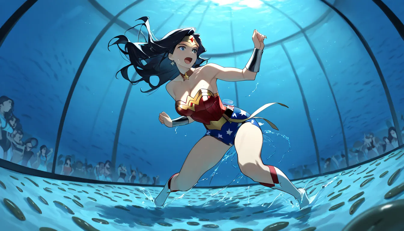 masterpiece, high image quality, １Wonder Woman has a beautiful face、 Accurate Wonder Woman Costumes and Boots、 Accurate Wonder Woman Costumes and Boots、(((In a large aquarium、There are countless eels swimming in the water)))、Wonder Woman's hands intersect ...