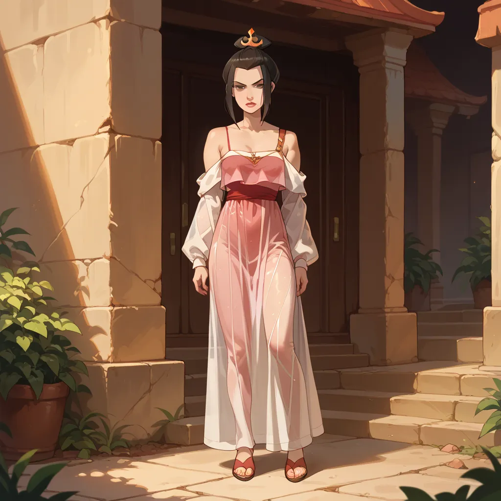 A full body display of, Princess Azula off the shoulder strap,low cut tank-top,long see-through dress 