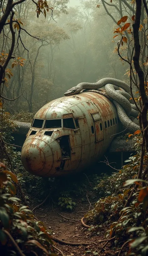 "A wrecked airplane deep inside a dense jungle, its metallic body covered in rust and vines. A massive, terrifying snake with dark scales is coiled around the fuselage, its eyes glowing menacingly. The jungle is misty and eerie, with twisted roots and over...