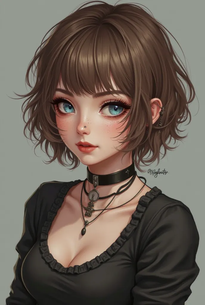 Give me a girl based off of this description 

fair skin and short layered fluffy light brown brunette hair with bangs and almond blue eyes with black eyeliner and with a little amount of freckles with a septum and heart shaped lips short height with hourg...