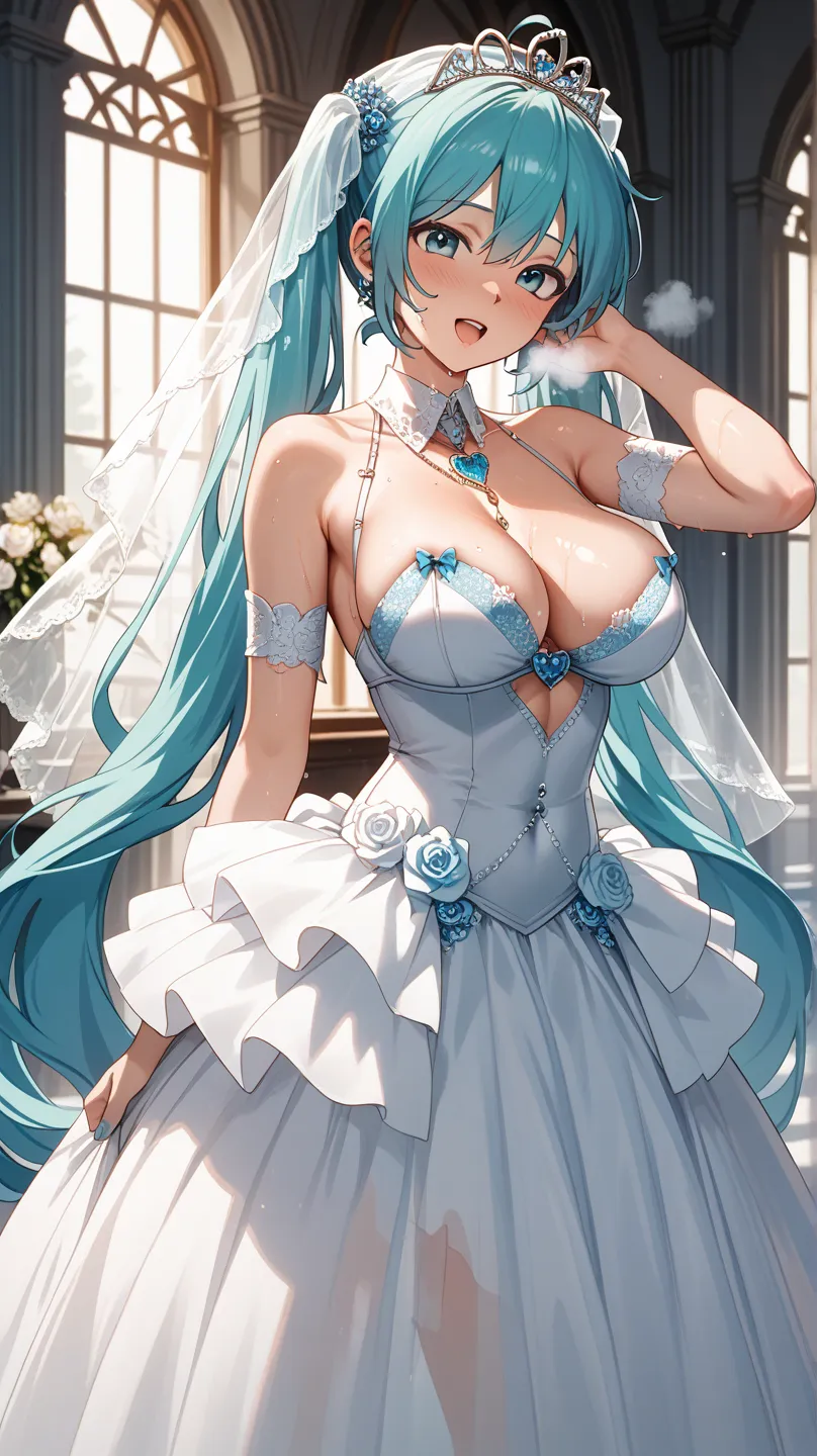 (masterpiece, best quality:1.2), 1 girl, Alone,standing_, Big Breasts,  Hatsune Miku, Passionate look, Sweating, open your mouth, heavy breathing, short blue transparent wedding dress