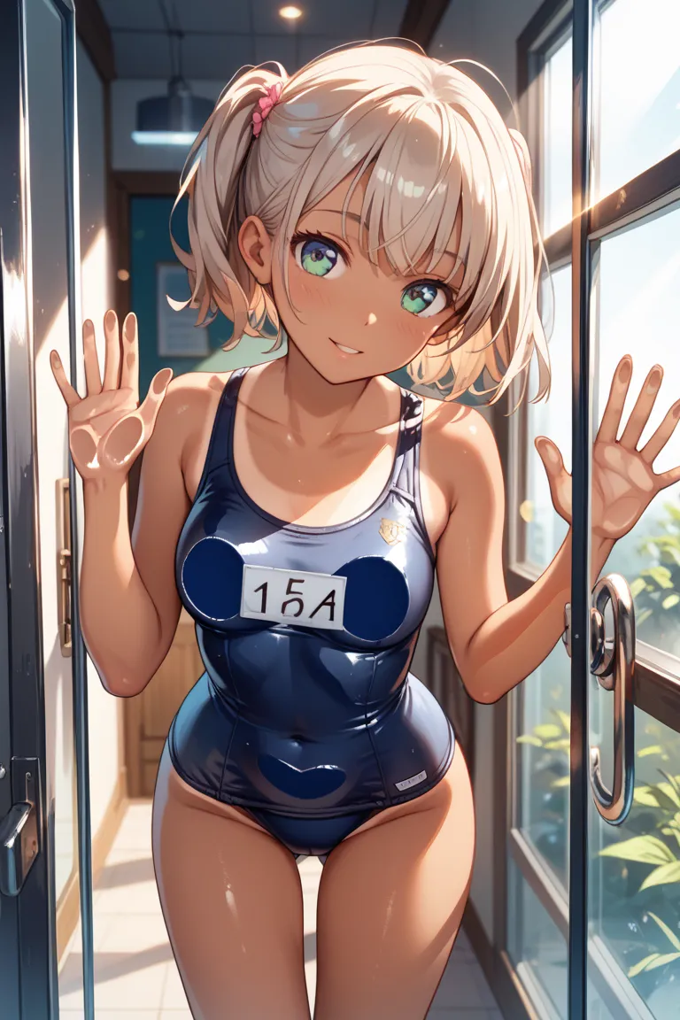 aura (sousou no frieren), tanlines, tanlines, adjusting swimsuit, leaning forward, school swimsuit, shiny swimsuit, hand on glass, breasts on glass, 