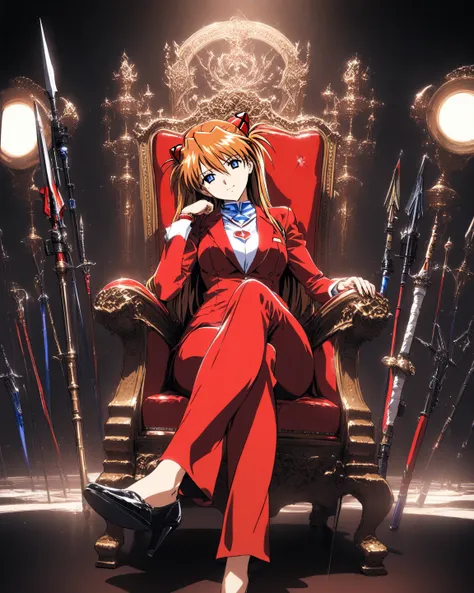 One Girl, Soryu Asuka Langley , Neon Genesis Gospel, sensitive, Alone, Eye lens ,  in a red suit , Seated on the throne , Crossed legs,  head tilt , gun holder, spear, best quality, 8k, High details, really, studio lighting effects, Vivid coloring, You wan...