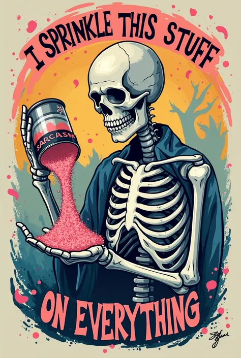 "A colorful, stylized illustration of a skeleton holding a container labeled 'SARCASM' and pouring its contents, which appear to be pink glitter, into the skeleton's other hand. The text above and below the skeleton reads, 'I SPRINKLE THIS STUFF ON EVERYTH...