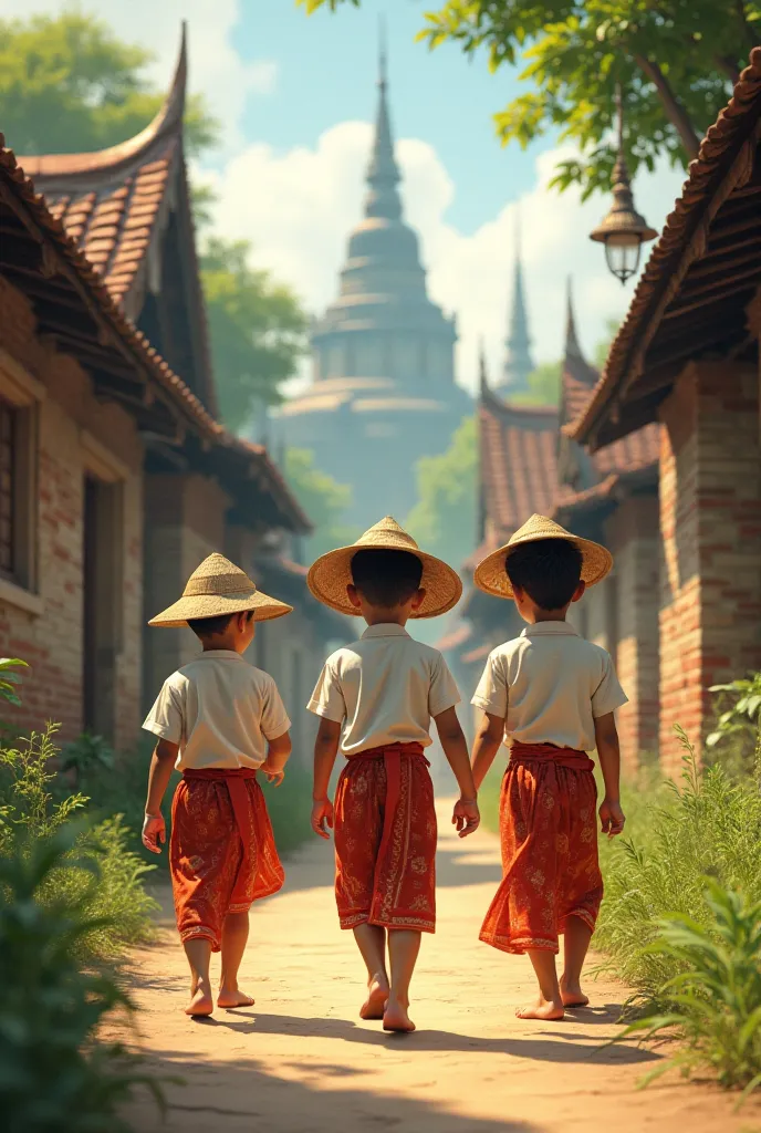 Three boy dressing myanmar clothes and walking to ancient village