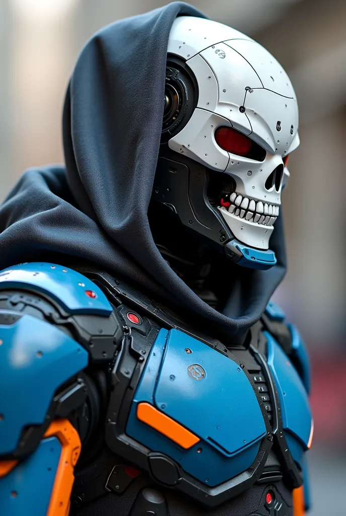 Stylized skull-shaped helmet,Dark gray hood instead of white,Armored suit with blue colors,  black and orange ,Viewer with digital interface that analyzes and copies movements,High-tech armor with hidden gadgets.