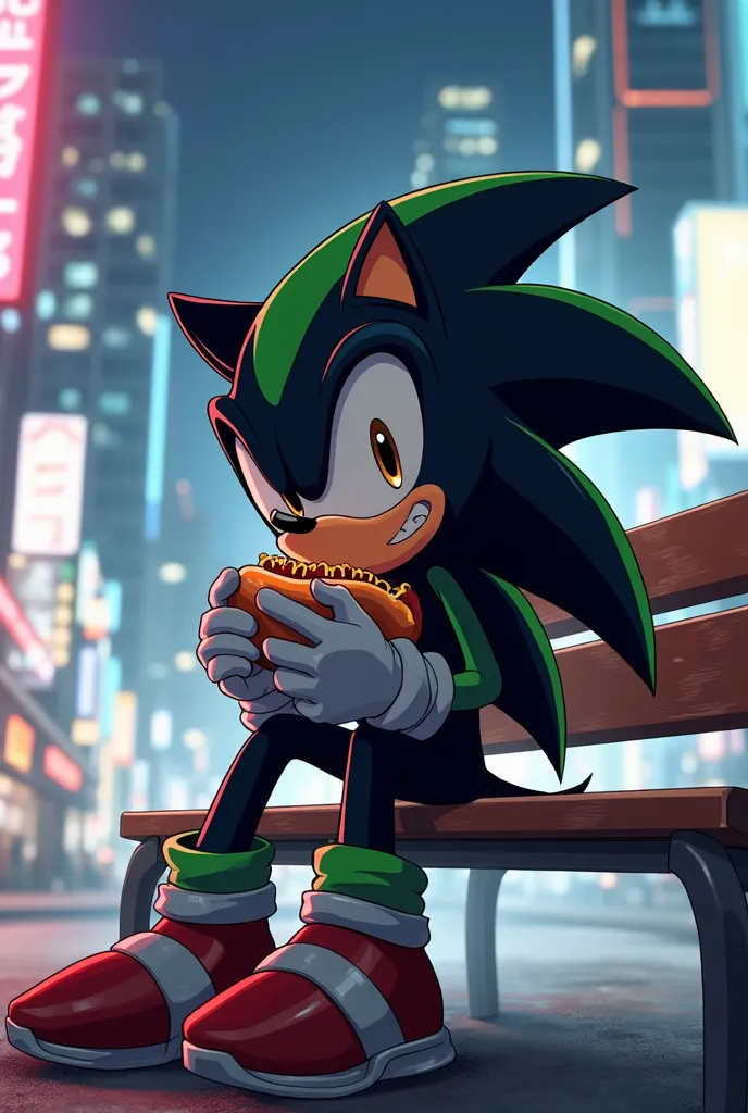 Sonic panel, black hedgehog, green stripes , light brown eyes, black gloves with white, gray sneakers , sitting on a bench in the city at night, EATING HOT DOG, anime, icon, game