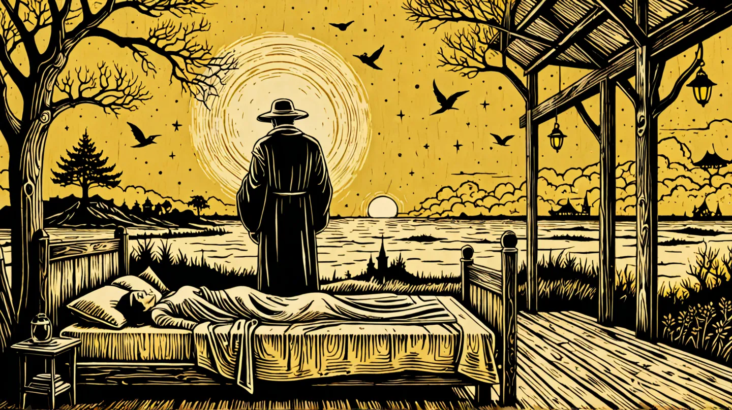 
um homem religioso estendendo à mão para uma mulher dormindo,oferecendo ajuda.

 Create a rustic woodcut style image digital art surreal, using only black, beige and yellow colors.
