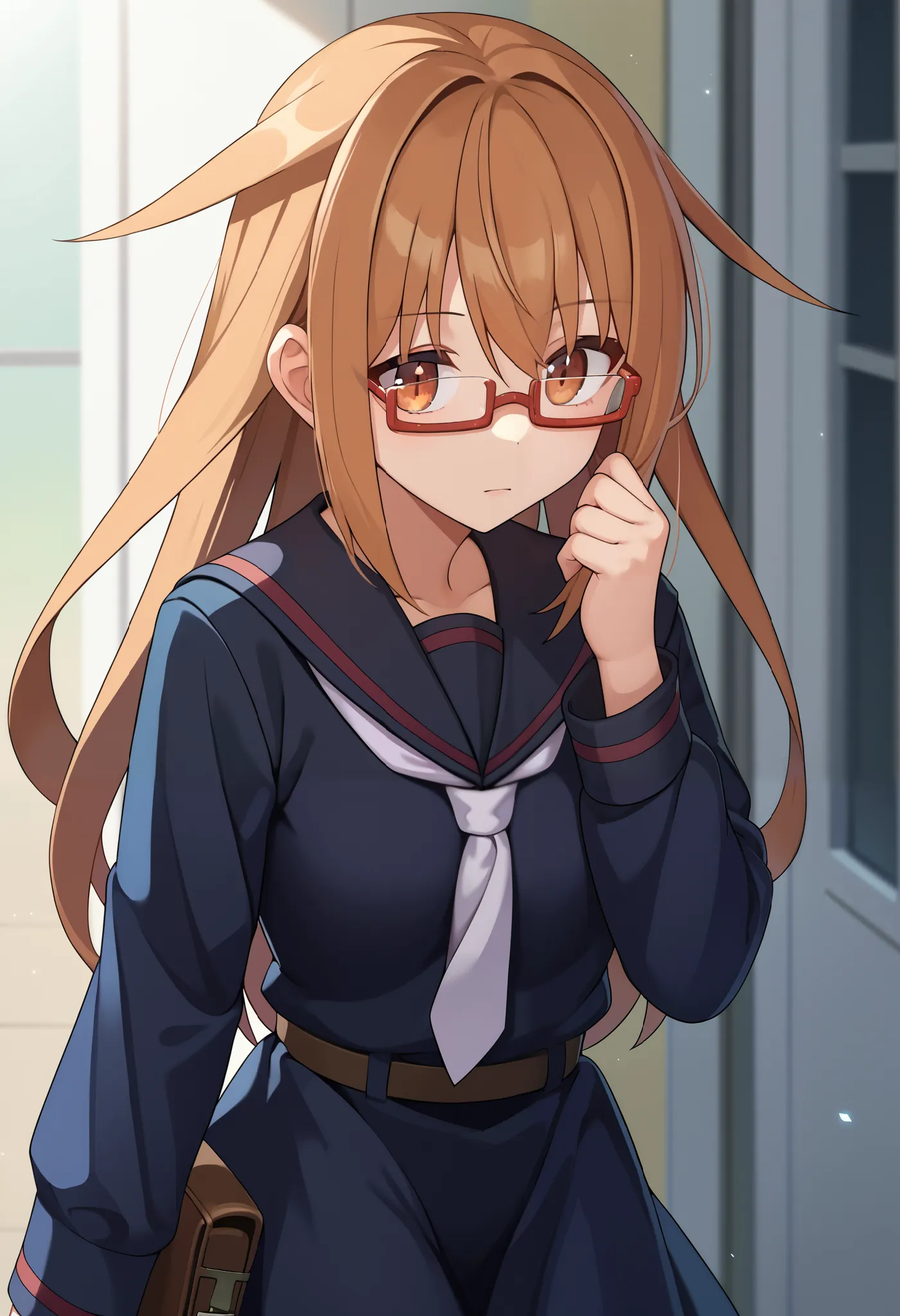  score_9,  score_8,  score_7,  source_anime, Mochizuki (fleet this), glasses, 1 girl, Alone, watching viewers, ,  Long Sleeve,  school uniform,   black seraphuku 