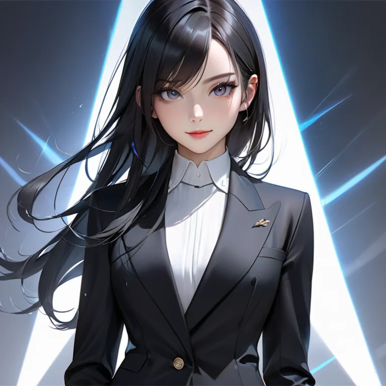 half cyborg agent. A beautiful and intelligent young woman with a calm and confident expression, slightly smiling. She has long, silky black hair and sharp, captivating eyes. Dressed in an elegant yet modern outfit that reflects both professionalism and so...