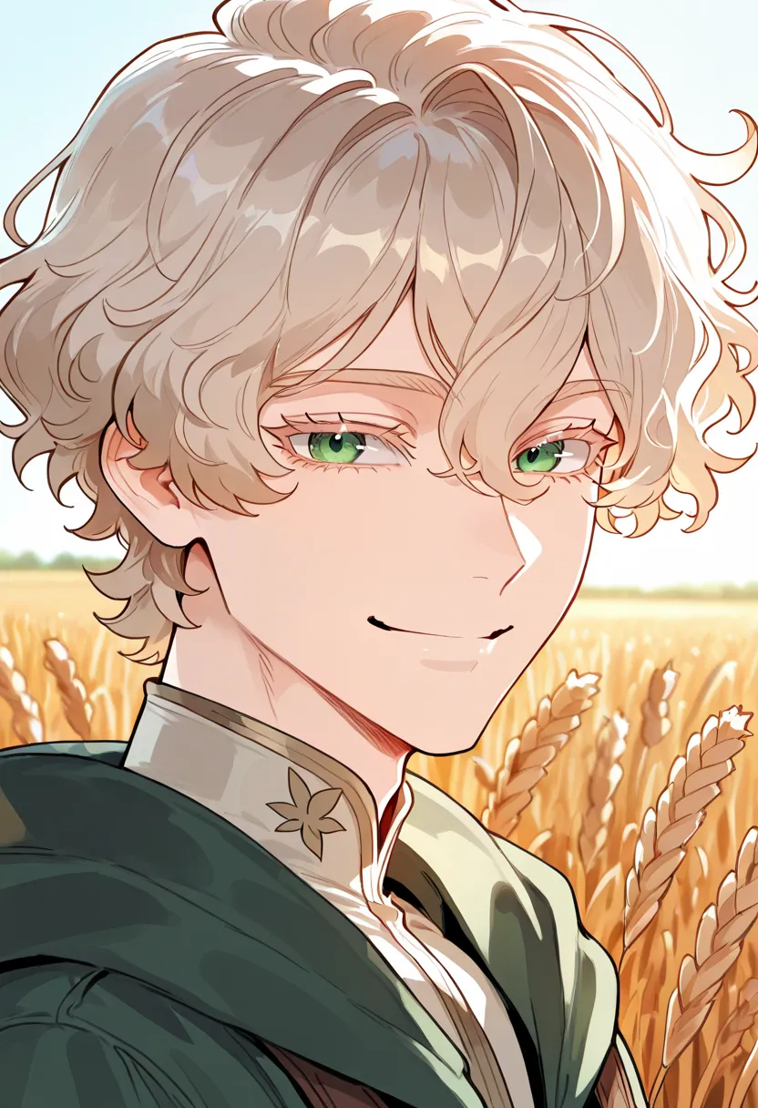 1boy, soft features, short hair, messy bangs, wavy hair, blonde hair, colored eyelashes, blonde eyelashes, green eyes, smiling, wheat field