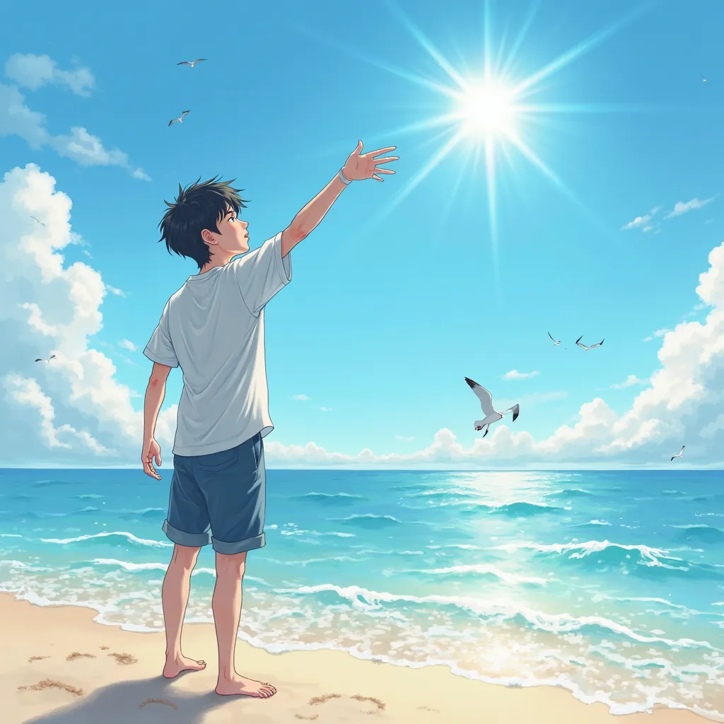 A young Korean man with dark and disheveled hair is standing on the shore of a paradisiacal beach. His summer clothes move in the warm breeze as he looks at the radiant blue sky with white fluffy clouds. The sun shines softly reflected in the crystal clear...