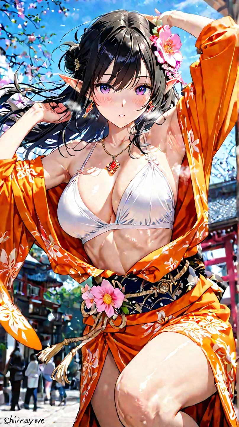 masterpiece, best quality、Ultra High Definition、 golden ratio、throw,dramatic、side angle、the cityscape of ancient Kyoto、The most attractive ever、super beautiful、Beautiful breasts、 black hair、romantic low bun、hair ornament, flower accessory 、shiny hair,float...