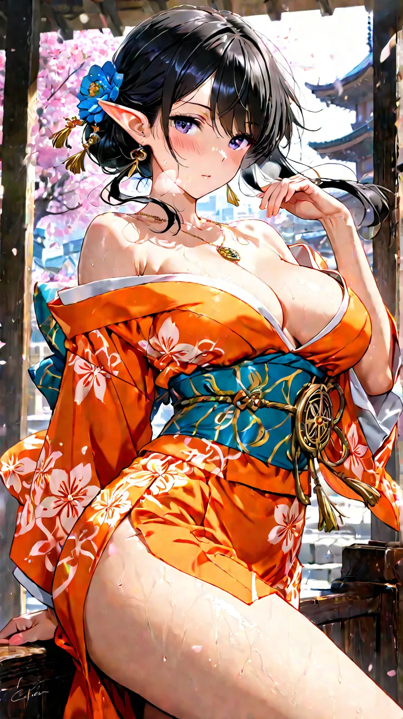 masterpiece, best quality、Ultra High Definition、 golden ratio、throw,dramatic、side angle、the cityscape of ancient Kyoto、The most attractive ever、super beautiful、Beautiful breasts、 black hair、romantic low bun、hair ornament, flower accessory 、shiny hair,float...