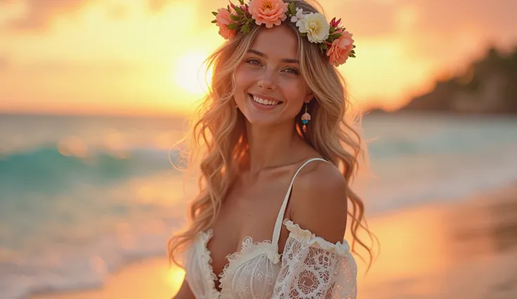 Ultra high quality，High heel，Long legs，Smile，Sunlight，Lace off-the-shoulder，White Dress，Wear flowers on your head，sister，charming，Ribbon, ON THE sunset BEACH