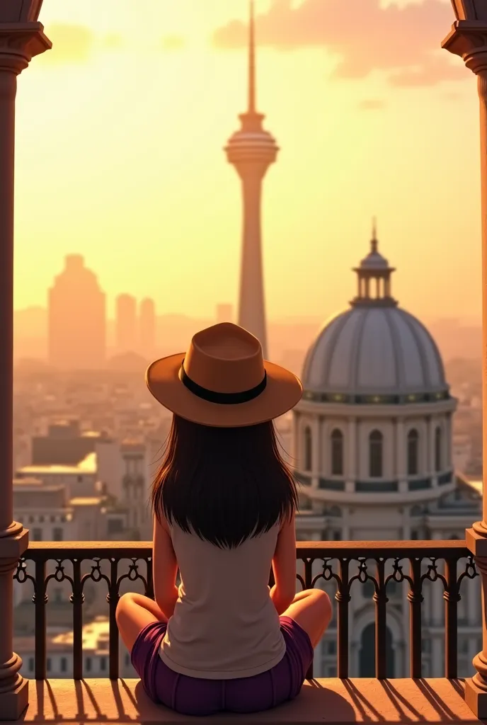 Girl sitting on a valcon in Mexico City, in the background you can see the Latin American tower and fine arts, The girl has a hat and is in front