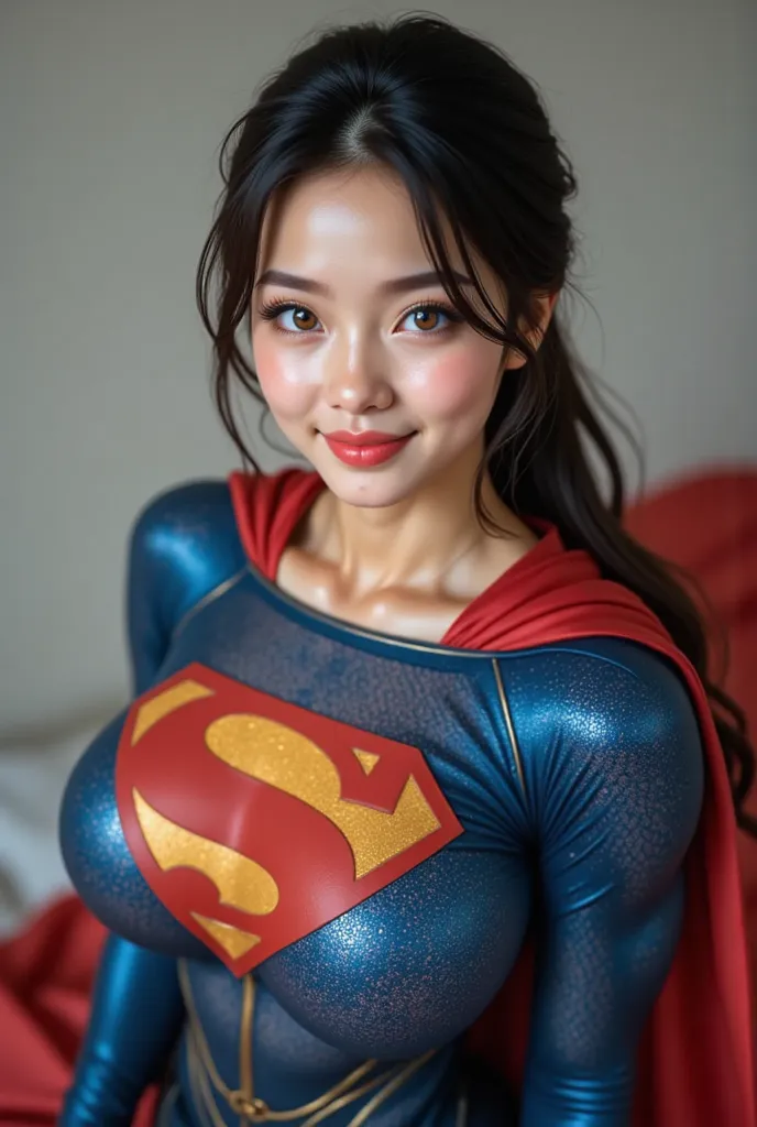 (FULL TOP DOWN POV) **"A stunning, highly detailed, and ultra-realistic portrait of a BLUE EYED 19-year-old Thai GIRL, proudly wearing the iconic RETRO 1980 SUPERMAN costume with a glossy latex/vinyl finish. The vibrant royal blue bodysuit shimmers under t...