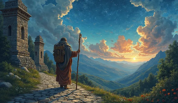 A classical pilgrimage journey through ancient landscapes:
A captivating historical illustration in the style of a classical pilgrimage painting. A solitary pilgrim, wearing weathered robes and carrying a modest staff, traverses a winding cobblestone path ...