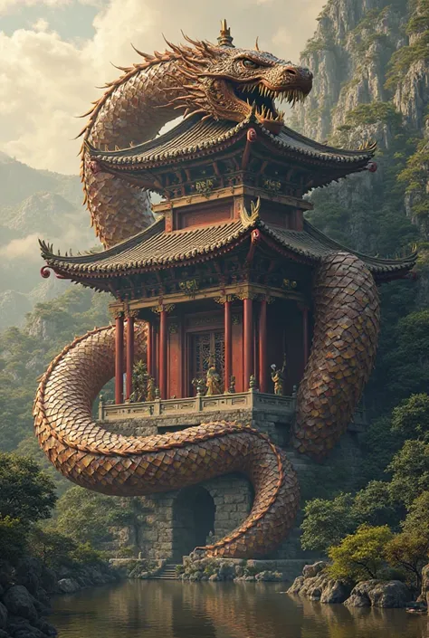 Create for me an image of a brown jiu-jitsu band being a super serpent protecting a sacred Chinese temple 