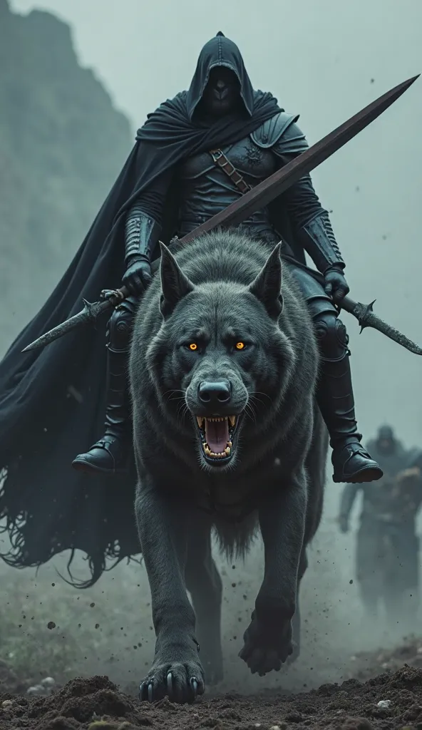 "A fierce warrior riding a massive, monstrous dog, moving forward towards the viewer. The warrior wears all-black armor with a dark battle mask and a flowing black cape. He holds an enormous, razor-sharp sword. The monstrous dog is even more terrifying—lar...