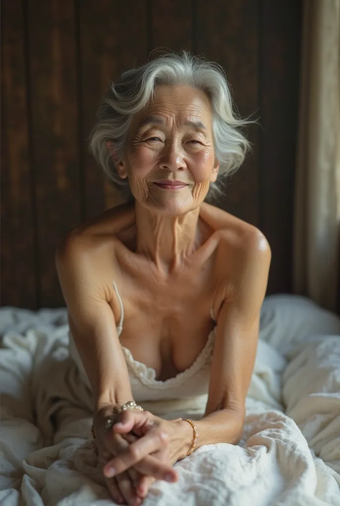 Smiling beautiful 74 year old Japanese woman naked on a bed