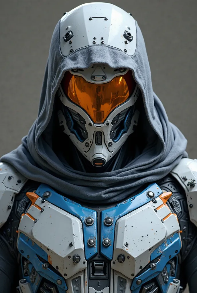 Stylized skull-shaped helmet, Dark gray hood instead of white, Armored suit with blue colors,  black and orange , Visor with digital interface that analyzes and copies movements, High-tech armor with hidden gadgets, Shield with symbol