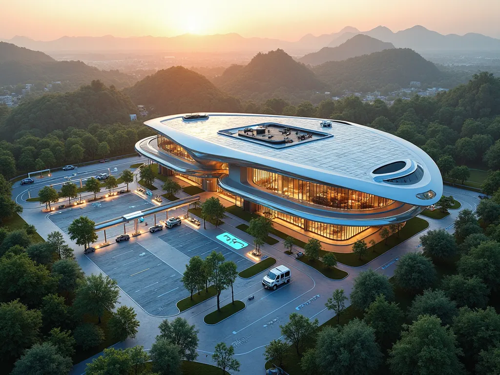 "A breathtaking aerial view of a futuristic Emergency Services Building, surrounded by lush greenery and advanced infrastructure. The building features sleek, aerodynamic architecture with a combination of glass, steel, and sustainable materials. Solar pan...