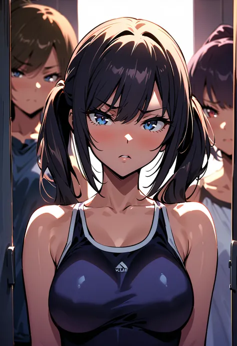 (Commemorative photo of a  girls on the left:1.4) ,  (複数の girls on the left:1.5),    ( black hair:1.4),  ponytail，  hair clip,    girls on the left,  (  One Piece Swimsuit:1.4),(locker room without a wheelchair:1.4), ,,   angry face, open your mouth slight...