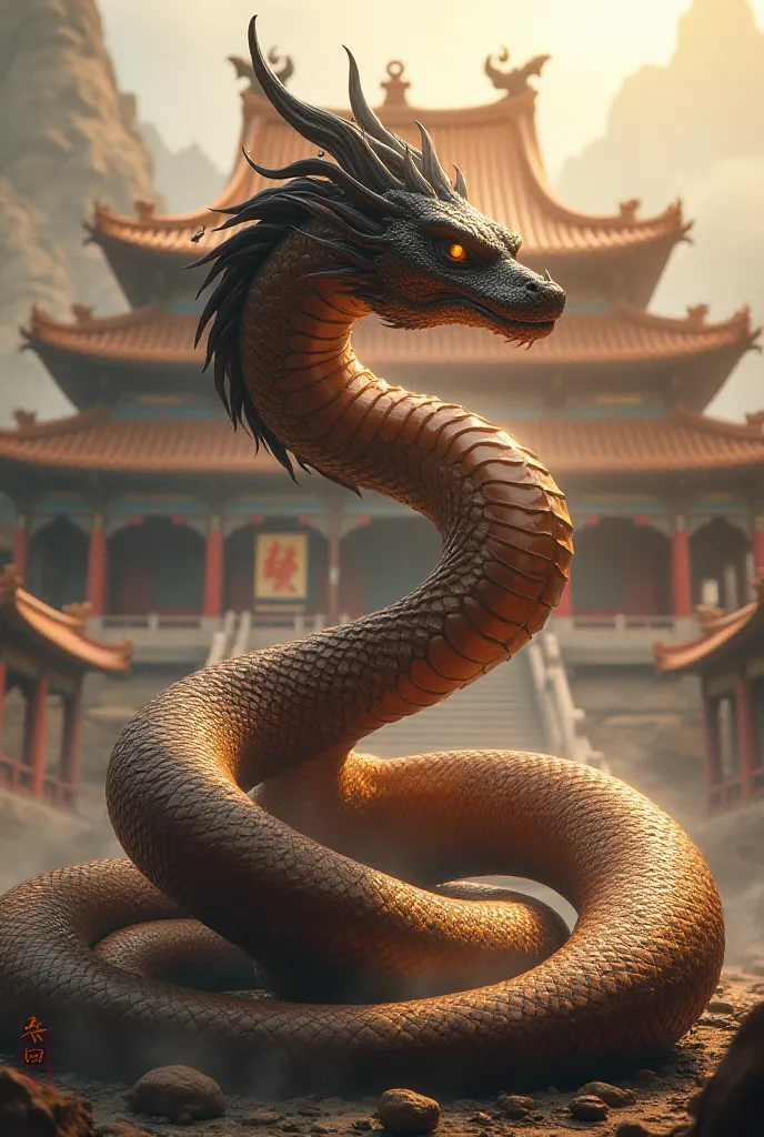 Create for me an image of a brown stripe with a black tip 
Of Jiu-Jitsu being a super serpent protecting a sacred Chinese temple 