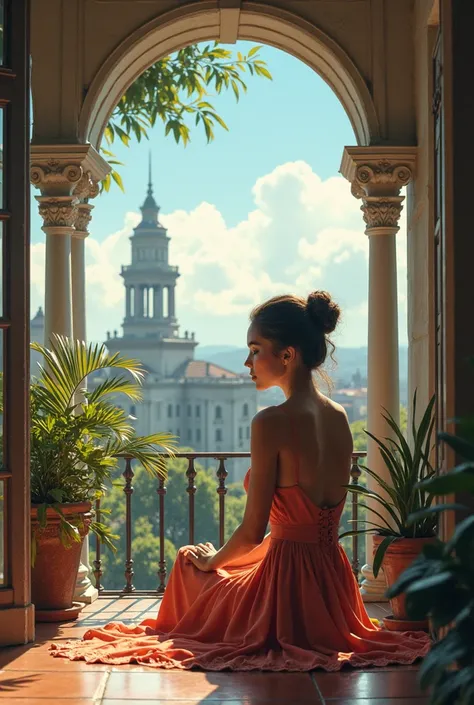 Elegant girl sitting on a porch in Unvalcon in Mexico City, in the background you can see the Latin American tower and fine arts, You can see the girl's Conoleta face