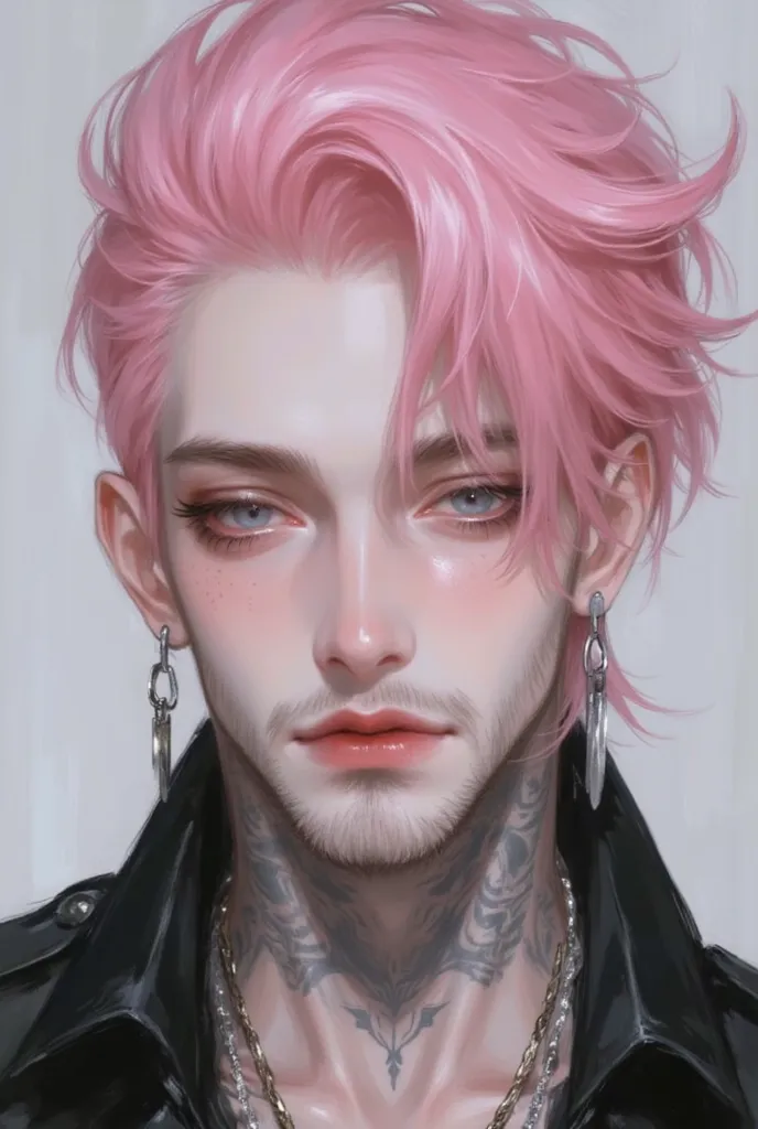 A highly detailed middle aged man with pink hair and blue eyes. He should have tattoos on his neck and ear piercings. 