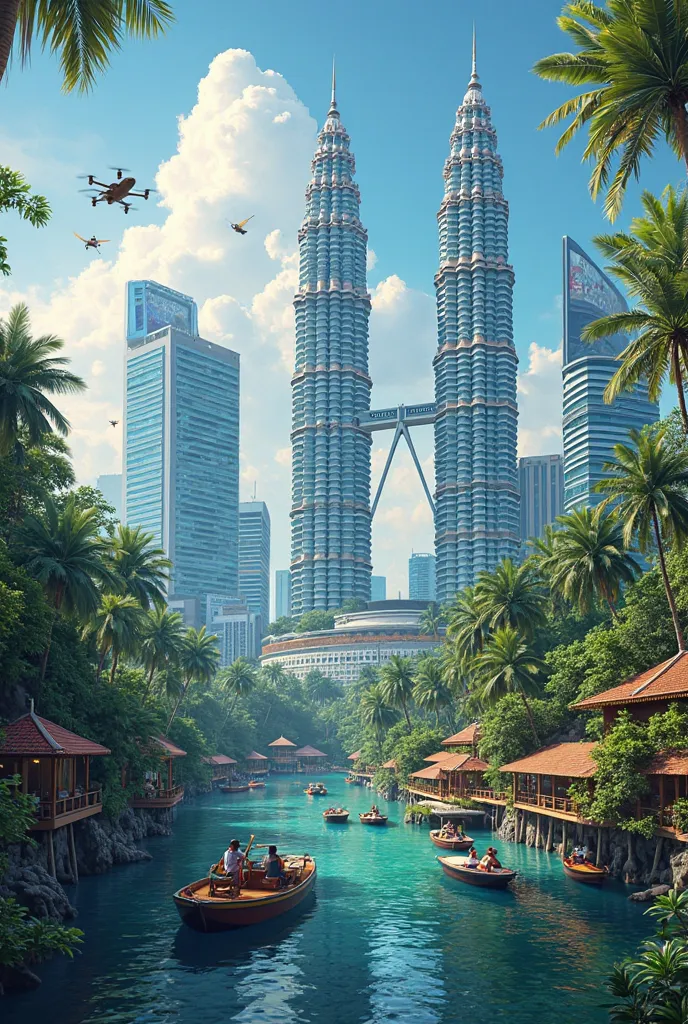 Imagine Malaysia in the year 2050—a harmonious blend of futuristic technology and lush tropical landscapes. Towering smart skyscrapers with vertical gardens stretch into the sky, powered by renewable energy. Autonomous electric vehicles glide along elevate...