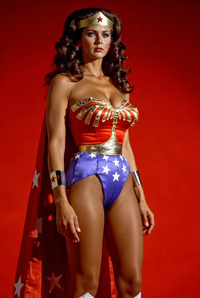 lynda carter as wonder woman wearing a red, blue and white cape with white stars on a red background