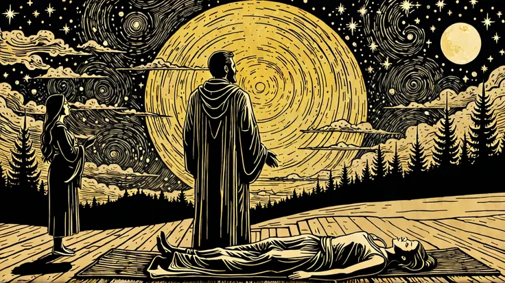 
um homem religioso estendendo à mão para uma mulher dormindo,oferecendo ajuda. Nightsky 

 Create a rustic woodcut style image digital art surreal, using only black, beige and yellow colors.
