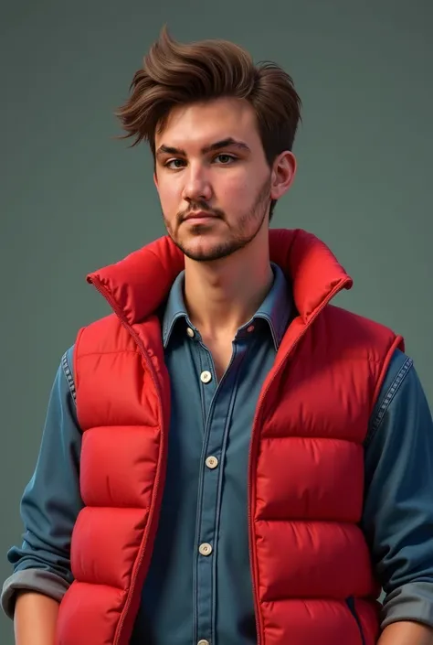 Create a realistic image of me, male, 30 years wearing a red puffer vest over a denim blouse like Marty Mcfly's next photo