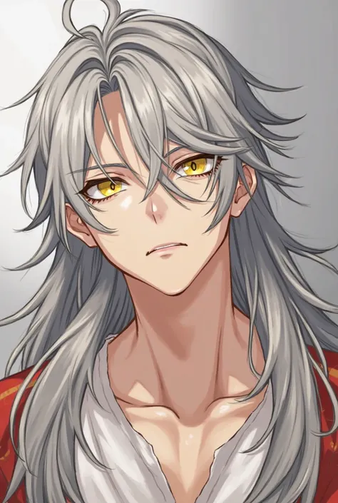  Adult man, anime, video game, loose long gray hair, long hair,  loose hair, Yellow eyes,  golden eyes, slightly tanned pale skin, butterfly bangs, open bangs, a lock sticking out of his head, tonificado,  muscular,  raising an eyebrow 