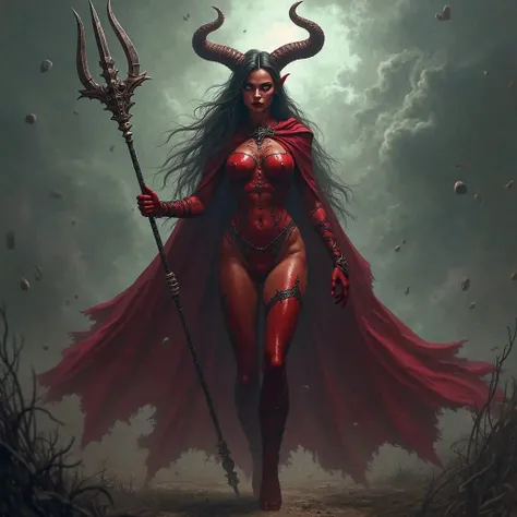 a female demon, holding her trident, she is wearing a red cape, she is approaching the viewer, taking a realistic photo