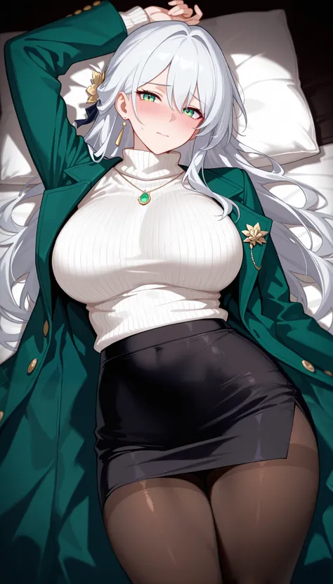 best quality, masterpiece, absurdres, 1girl, white_hair, solo, large_breasts, tall, mature_female, long_hair, hair_ornament, green_eyes, (himeko_\(honkai:_star_rail\):0.8), white_sweater, green_coat, open_coat, black_skirt, brown_pantyhose, pantyhose, blus...