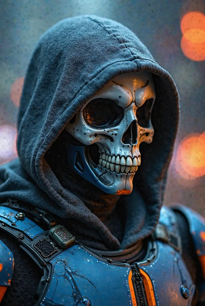 Stylized skull-shaped helmet, Dark gray hood instead of white, Armored suit with blue colors,  black and orange , Visor with digital interface that analyzes and copies movements, High-tech armor with hidden gadgets, night, Epic background