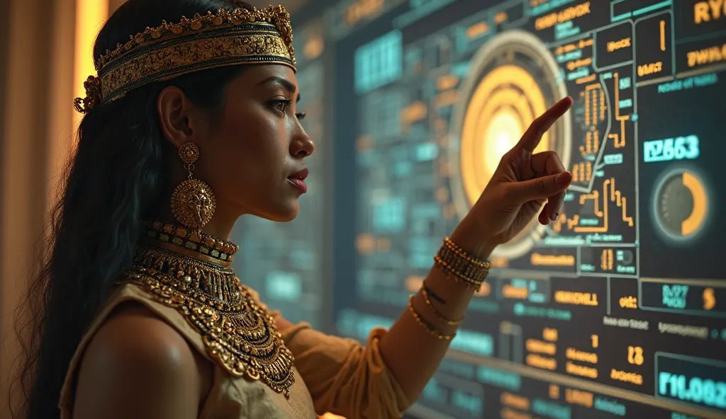 Cleopatra pointing at artificial intelligence seeing the word Cleopatra too big