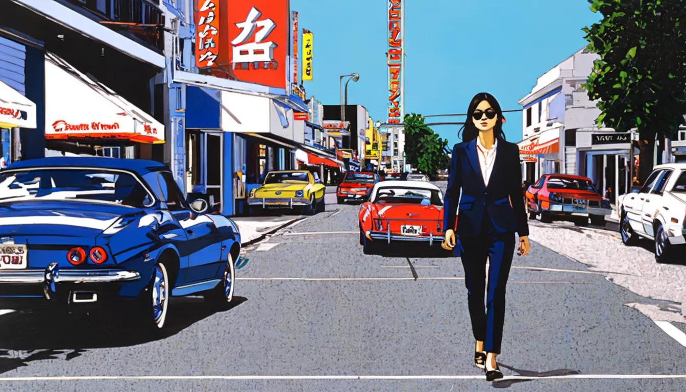 Hideto Suzuki,One girl,suit, walking, street, sunglasses, shop, sports car, blue sky