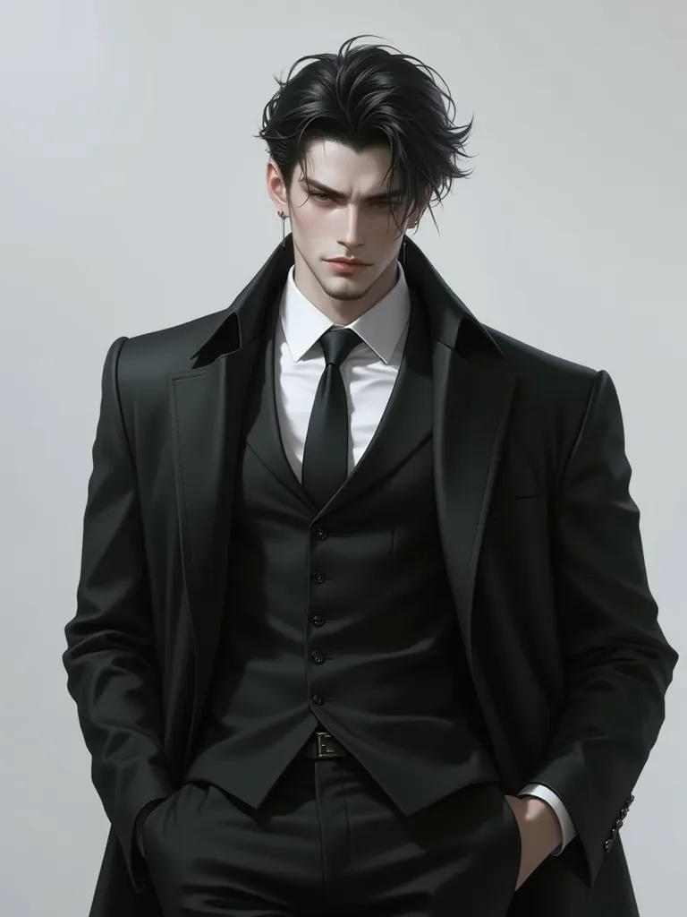 A handsome Asian man in his mid-20s with a height of 181 cm. He has a muscular body, abs, strong impression, and black hair, The hairstyle is a top coat, a beard at the tip of the chin, very small, sharp eyes, a black suit jacket, and a white shirt,  black...