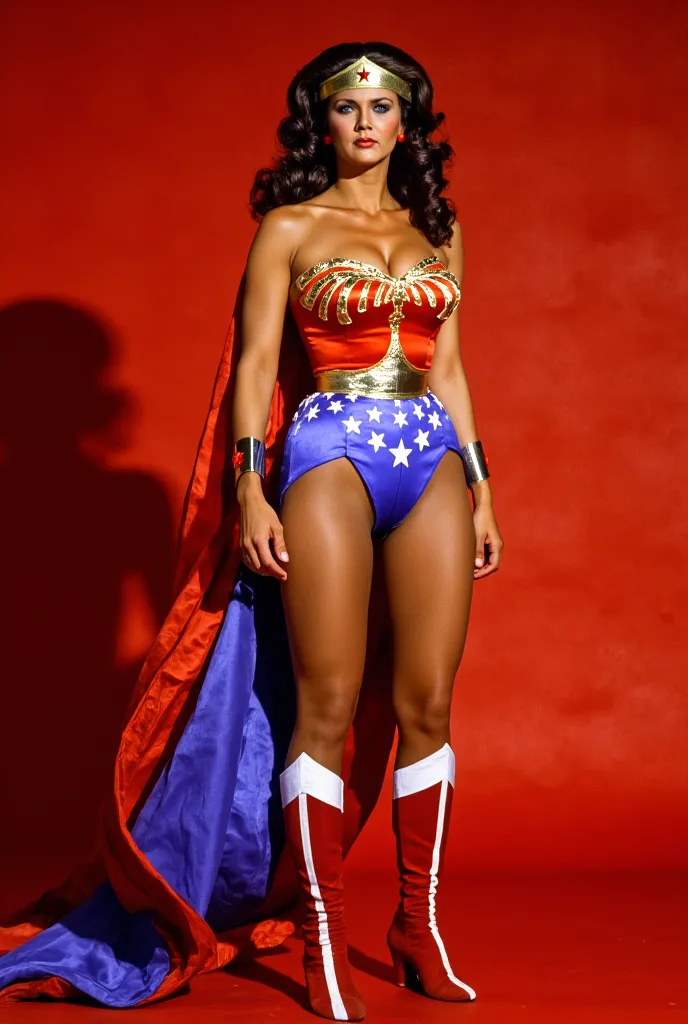 lynda carter as wonder woman wearing a red, blue and white cape with white stars on a red background