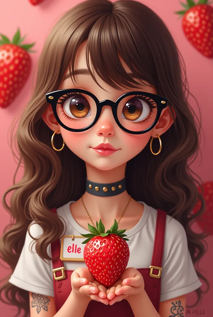 A cute girl with glasses, with long brown hair and bangs, with tattooes, with colorful name tag “ELLE” holding a strawberry and a strawberry background 