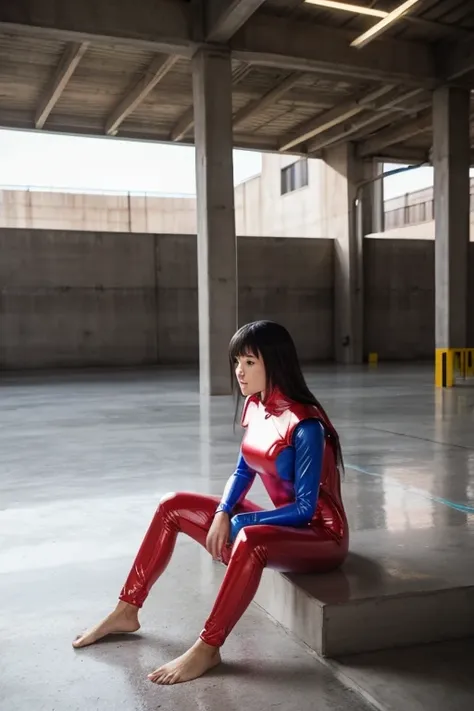  Barefoot girls sit facing each other on a concrete floor.  　  rubber suit　 Enamel Costumes 　