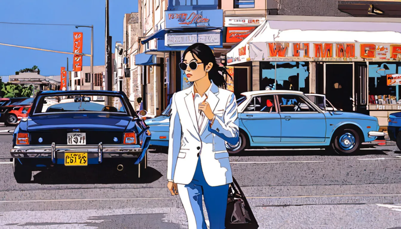 Hideto Suzuki,One girl,suit, walking, street, sunglasses, shop, sports car, blue sky