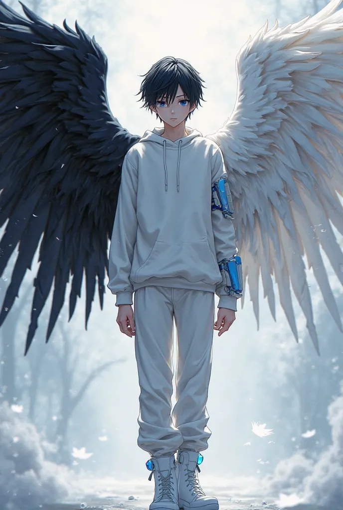 Men's anime version with short black hair light skin with a white wing and a black wing white sweatshirt white pants white boots with blue armor on the left arm and armor on both legs white 